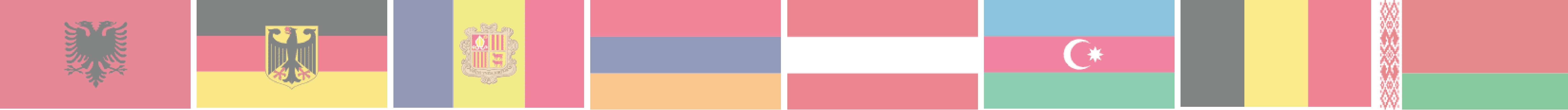Drapeaux du monde : Albanie, Allemagne, Andorre, Arménie, Autriche, Azerbaïdjan, Belgique et Biélorussie.